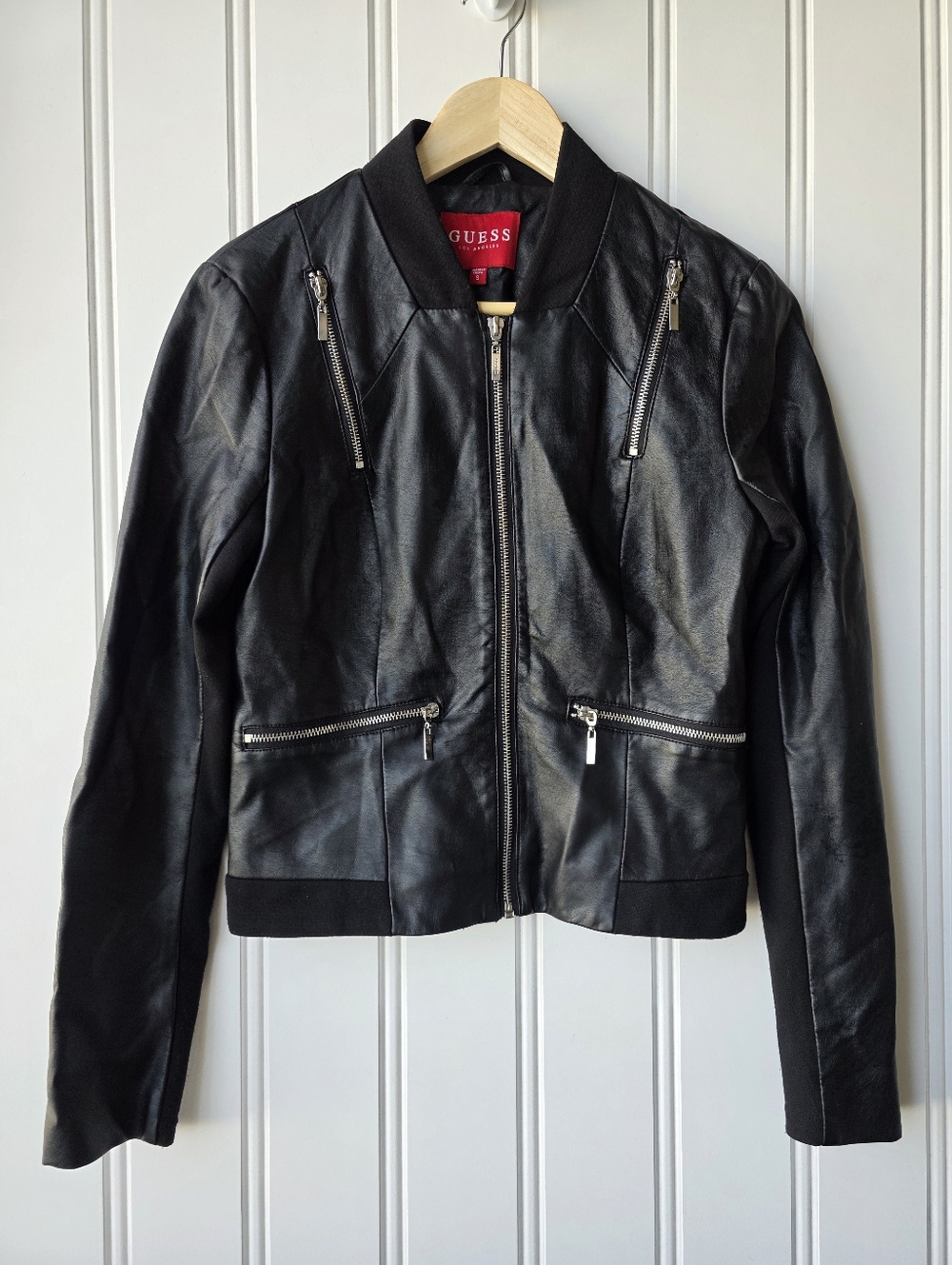 Guess Faux Leather Moto Bomber Black Jacket Small